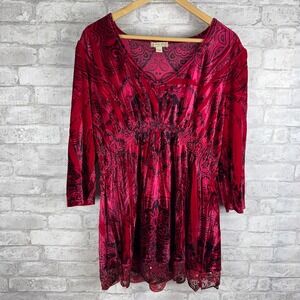 Energe Red‎ Black Velvet Babydoll Top XL Lace Sequin Trim Vamp Whimsigoth Fairy